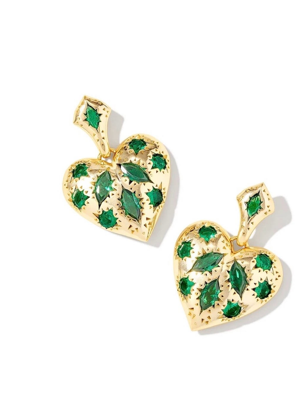 Kendra Scott Gold Heart Drop Earrings with Emerald Green Stones